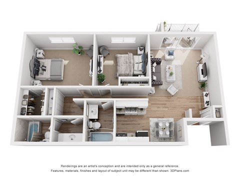 A 3D floor plan of a house with a kitchen, living room, and two bedrooms.